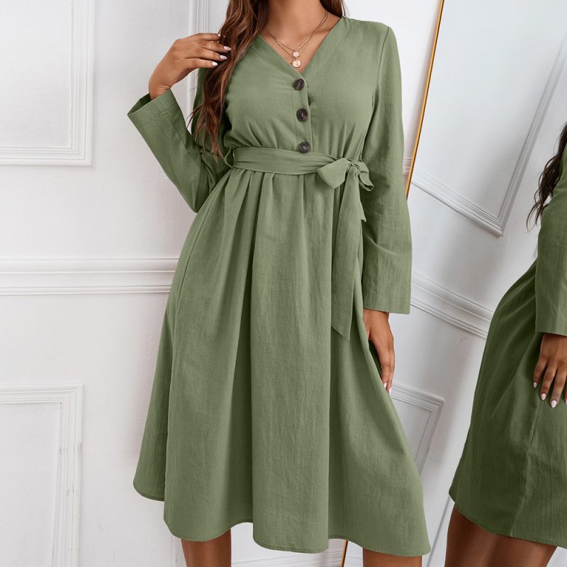 Spring Autumn Bow Waist Slim V-Neck Long Sleeve Dress