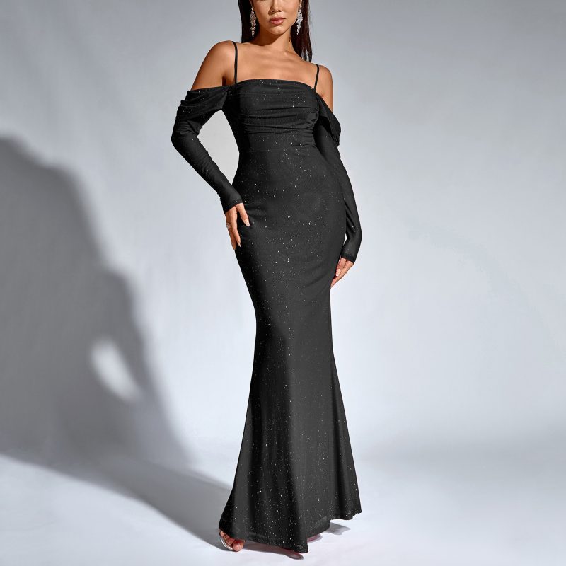 Women’s Mesh Silver Stripe Backless Fishtail Dress - Image 3