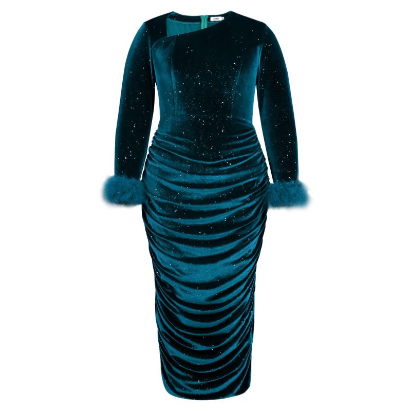 Trendy Asymmetric Collar High Waist Shiny Party Dress - Image 3