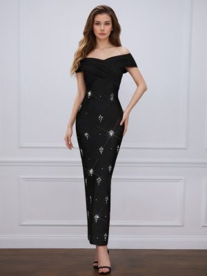 Glam Rhinestone Mesh Pleated Off-Shoulder Bandage Dress