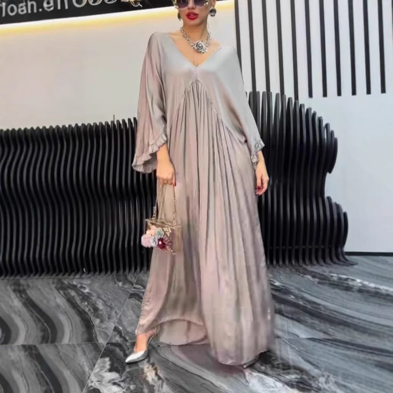 Summer Satin Ruffle Sleeve Pleated Dress