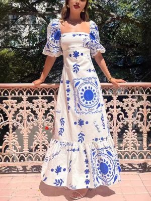 Casual Printed Swing Dress with Lantern Sleeves Women