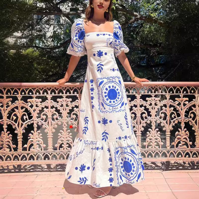Casual Printed Swing Dress with Lantern Sleeves Women