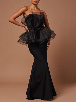High Waist Mesh Stitching Sheath Maxi Dress