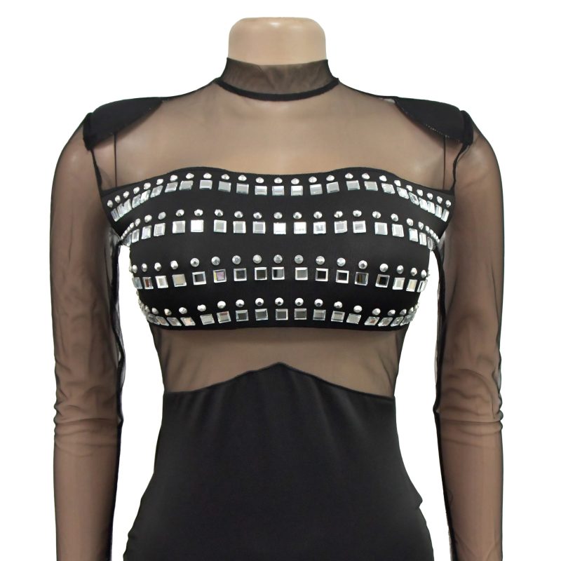Women’s Solid Color Mesh Rhinestone Long Sleeve Dress - Image 4