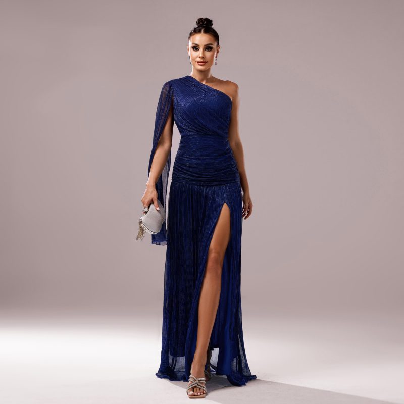 Premium One Shoulder Long Sleeve Slit Cocktail Dress