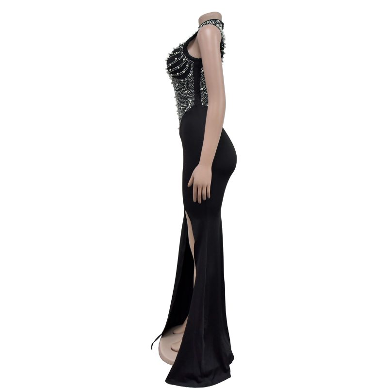 Women’s Sleeveless Mesh Rhinestone Solid Maxi Dress - Image 2