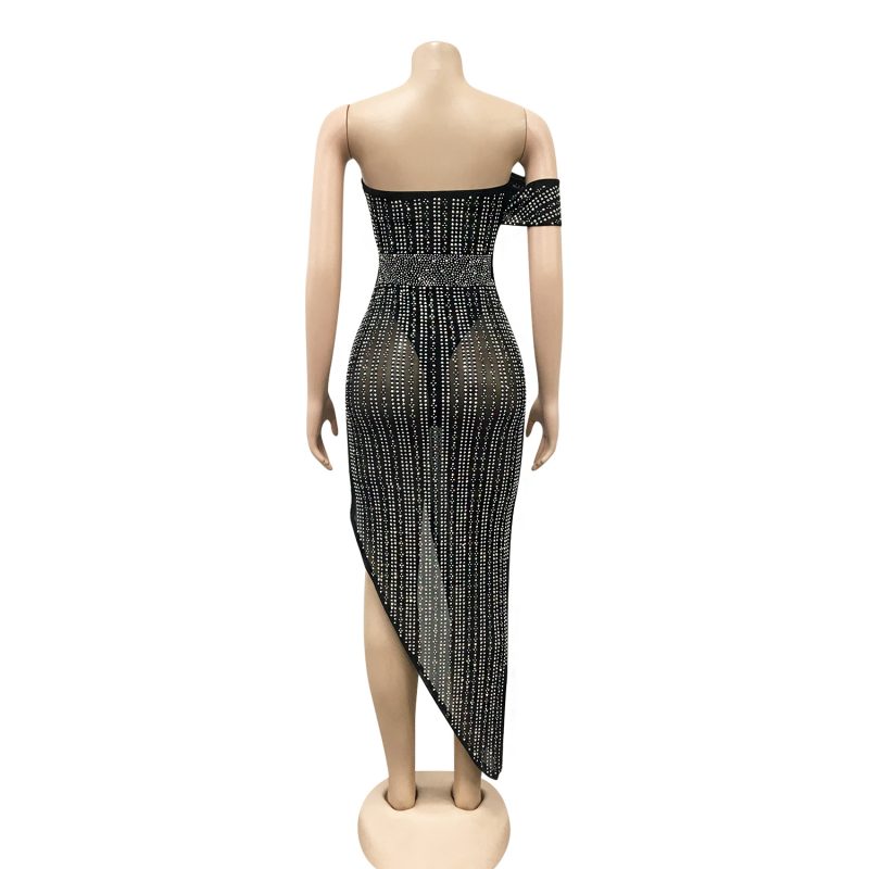 Women’s Rhinestone Mesh Asymmetric Evening Party Dress - Image 3
