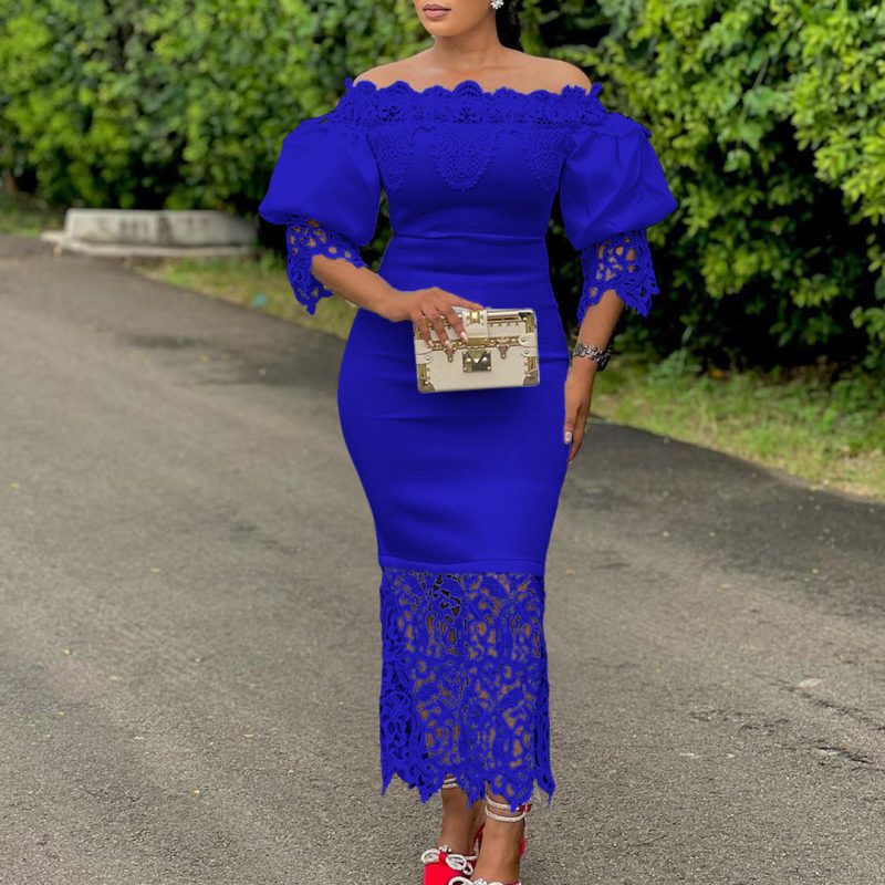 Classic Off-Shoulder Neck Elegant Lace Stitching Dress - Image 3