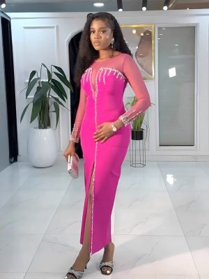 Sheer Patchwork Slit Dress with Rhinestone Detailing