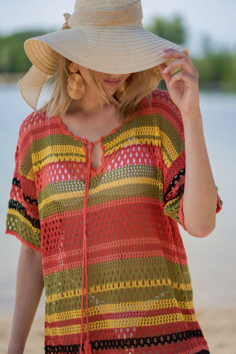 Striped Knit Cutout Beach Cover Up Shirt - Image 3