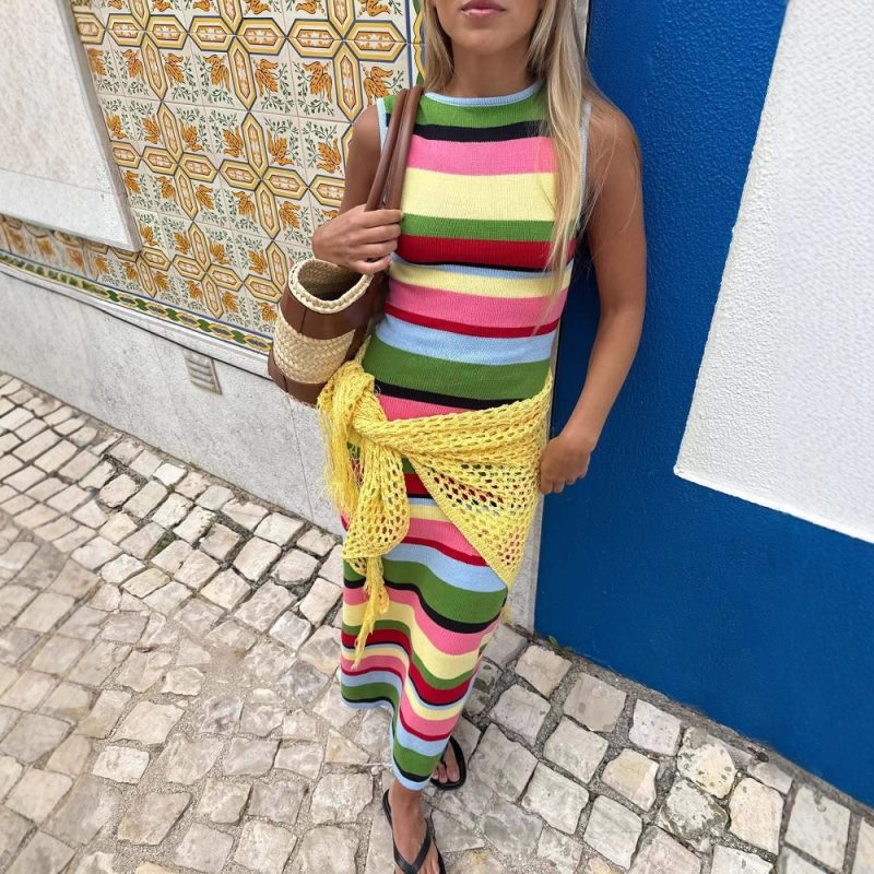 Women’s Sleeveless Rainbow Striped Knitted Maxi Dress - Image 3