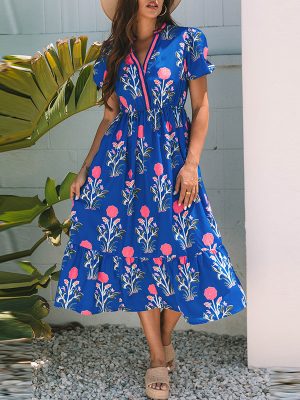 Women’s Retro Floral V-Neck Summer A-Line Dress
