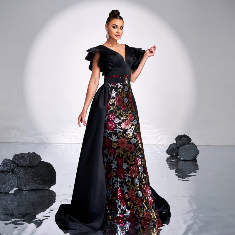 Sequined V-Neck Fishtail Sheath Evening Dress - Image 2