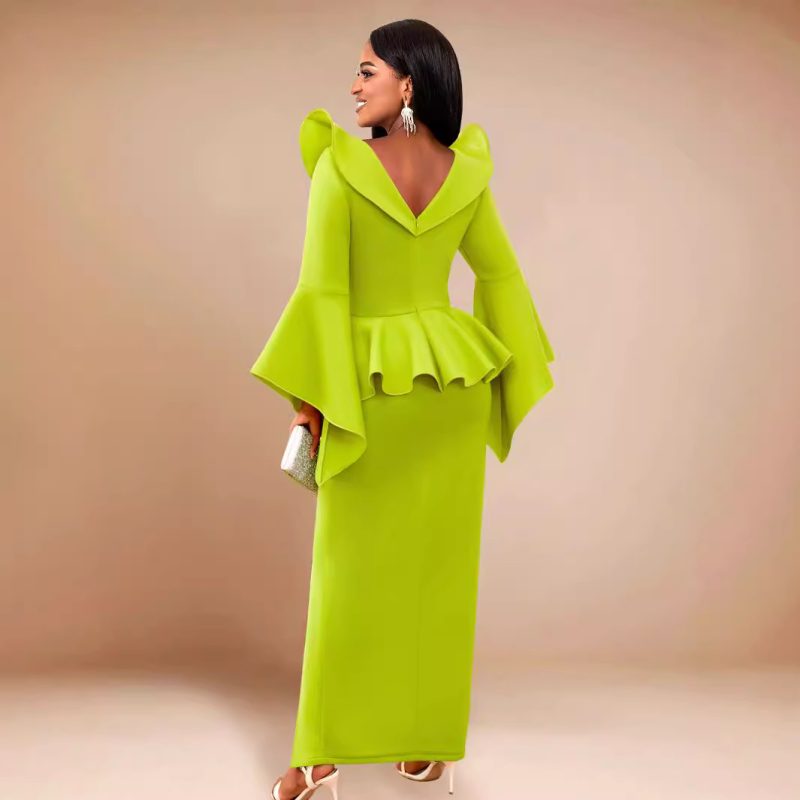 Trendy Bell Sleeve Ruffled Cocktail Party Evening Dress - Image 2