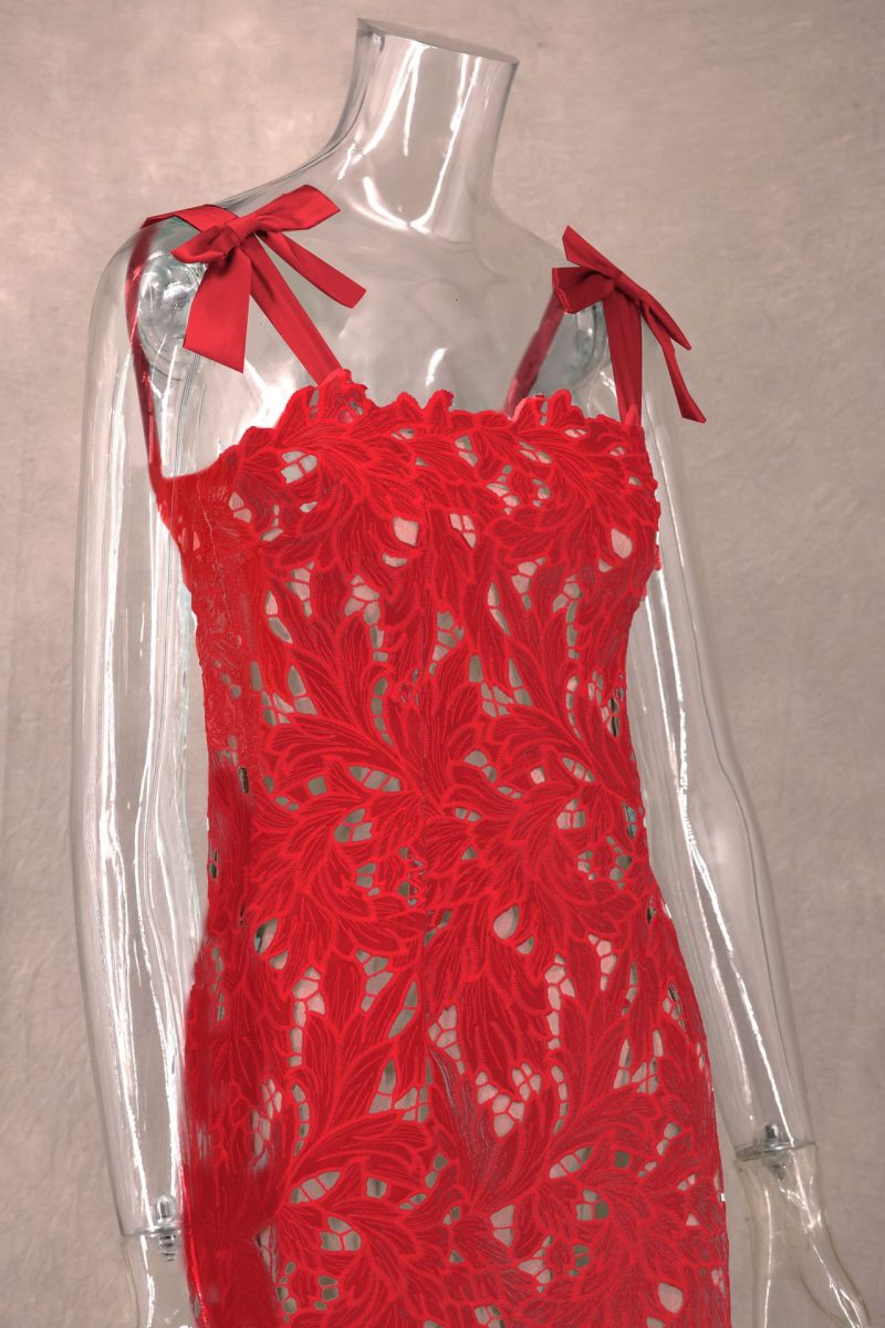 Embroidered Cutout Sheath Dress with Bow Detail - Image 4