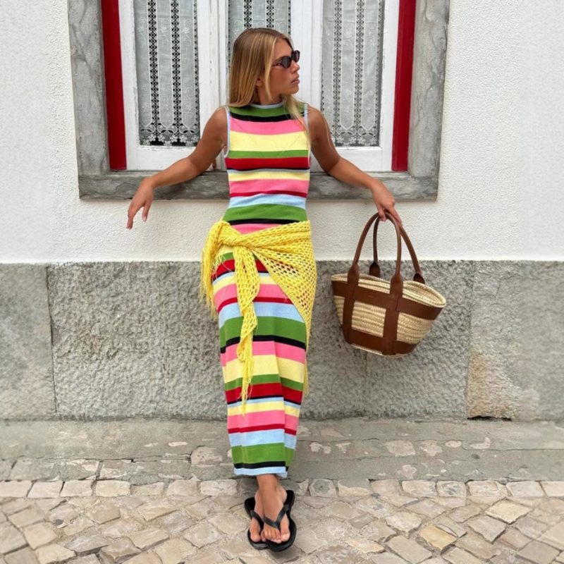 Women’s Sleeveless Rainbow Striped Knitted Maxi Dress - Image 2