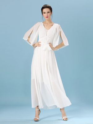 Spring V-Neck Half Sleeve Solid Midi Dress