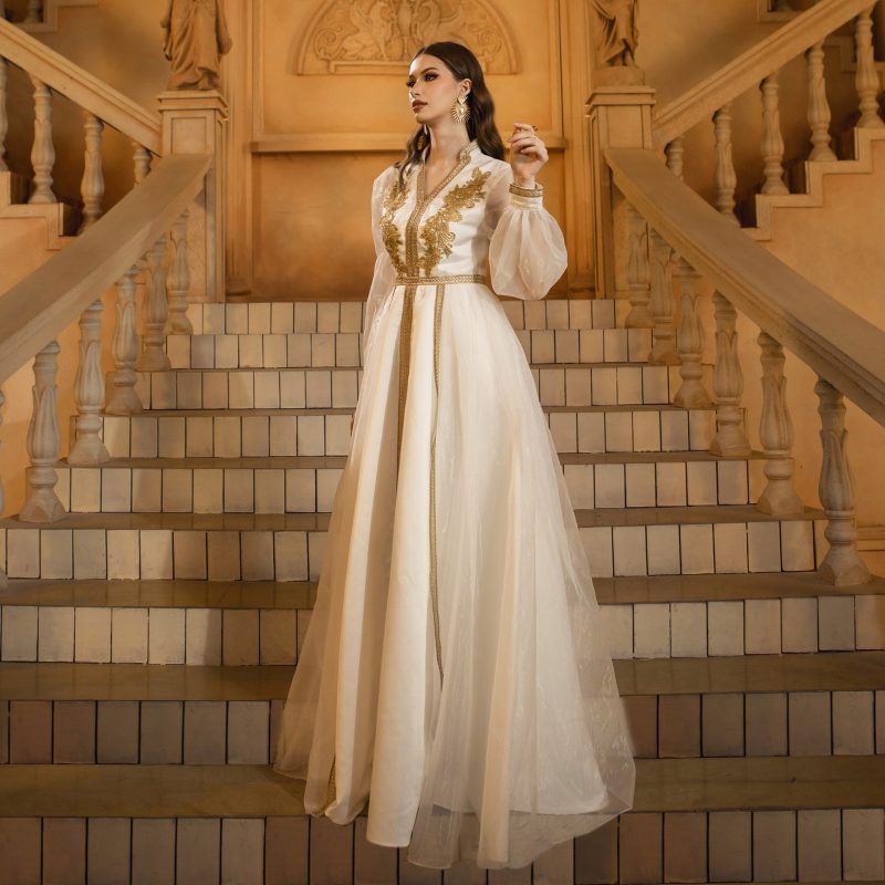 Women’s Embroidered Mesh V-Neck Long Sleeve Evening Dress - Image 3