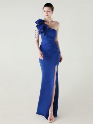 Women’s One Shoulder Beaded Satin High Slit Dress