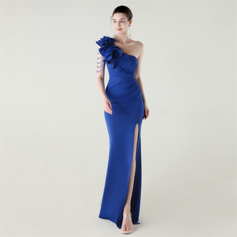 Women’s One Shoulder Beaded Satin High Slit Dress