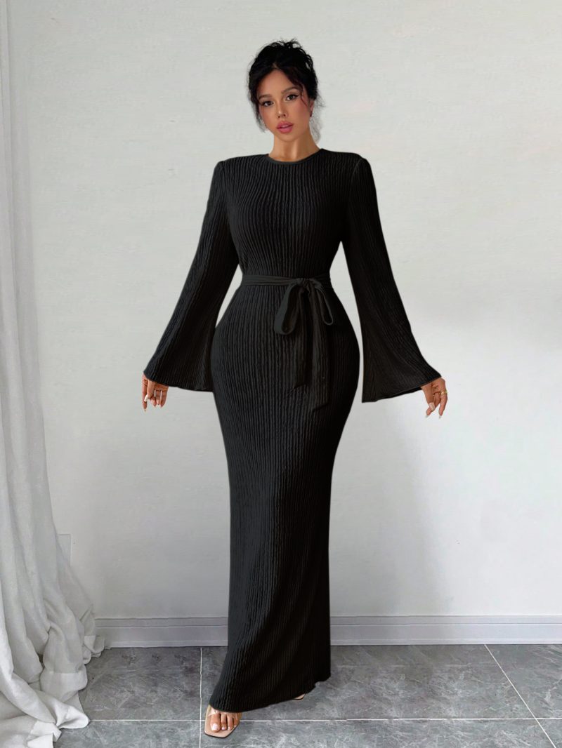 Women’s Long Sleeve Crew Neck Bell Sleeve Dress - Image 4