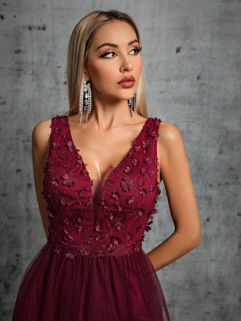 Chiffon Double V-Neck Sleeveless A-Line Sequin Dress - Image 2