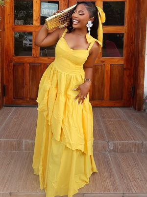 Summer Yellow Irregular Asymmetric Bow Suspender Dress