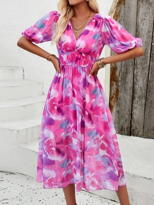 Spring Summer V Neck Printed Waist Dress
