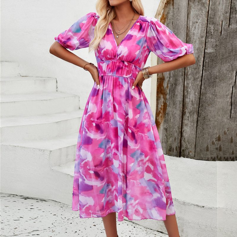 Spring Summer V Neck Printed Waist Dress