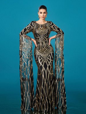 Women’s Long Sleeve Sequin Round Neck Fishtail Dress