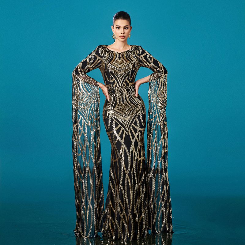 Women’s Long Sleeve Sequin Round Neck Fishtail Dress