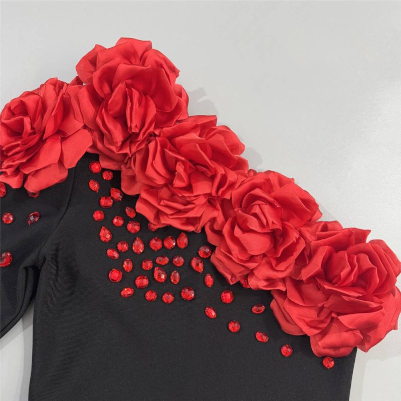 One Shoulder Beaded Red Floral Bandage Evening Dress - Image 4