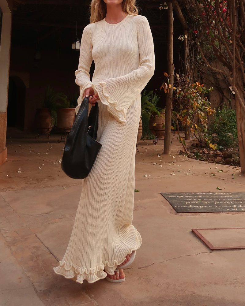 Pleated Wavy Side Backless Lace-Up Long Sleeve Dress - Image 2