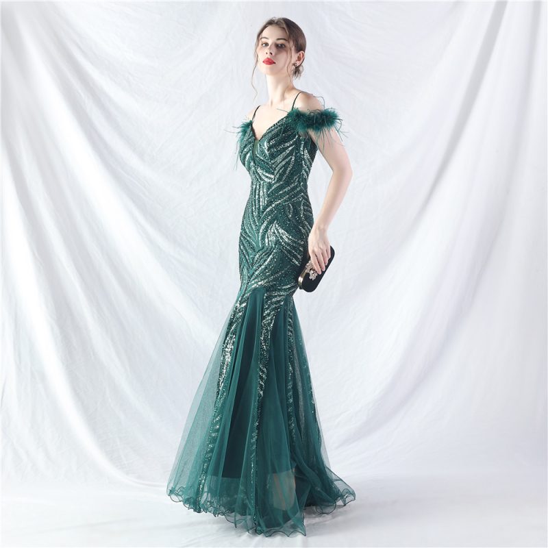 Women’s Ostrich Feather Sequin Mesh Evening Dress - Image 4