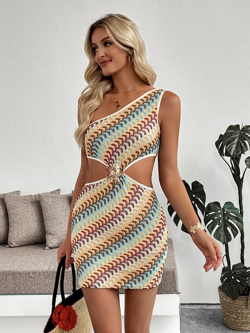 Statement Stripe Dress with Asymmetrical Neck - Image 2