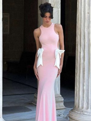Spring Summer Slim Hollow Out Backless Bow Dress