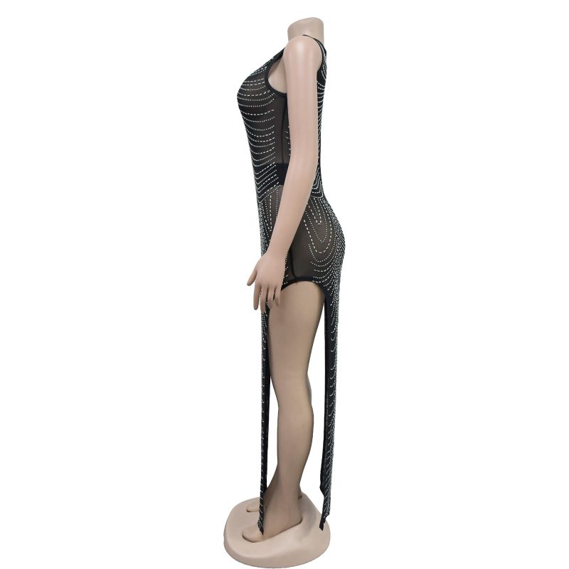 Women’s Solid Color Mesh Rhinestone Maxi Dress - Image 3