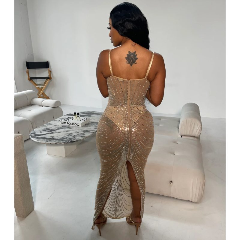 Solid Color Mesh Sling Maxi Dress with Rhinestones - Image 2