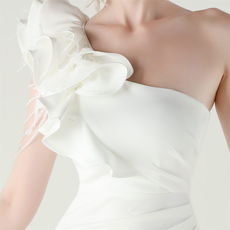 Women’s One Shoulder Beaded Satin High Slit Dress - Image 4