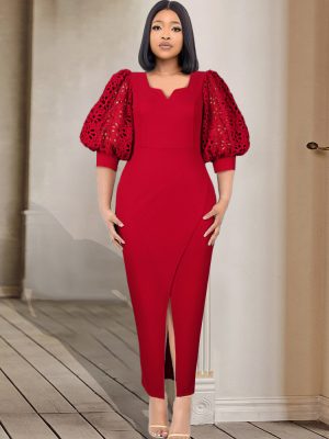 Elegant V-Neck Lantern Sleeve Slit Cocktail Dress