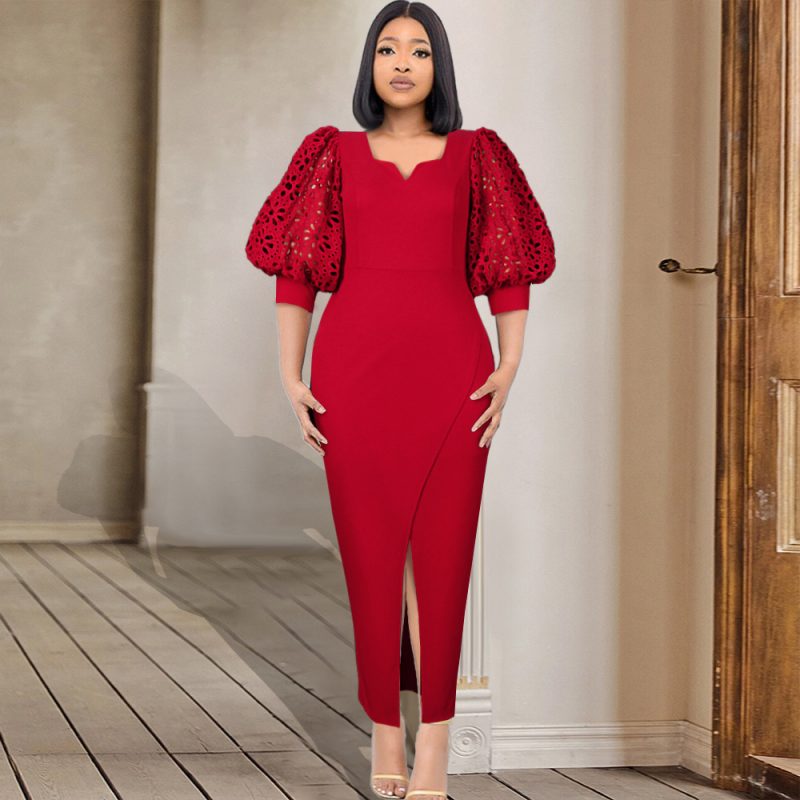 Elegant V-Neck Lantern Sleeve Slit Cocktail Dress