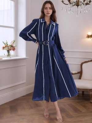 Long Sleeve Maxi Shirt Dress with Metal Buckle Tie