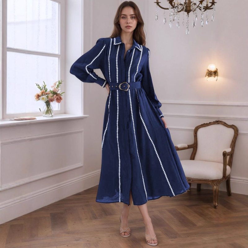 Long Sleeve Maxi Shirt Dress with Metal Buckle Tie