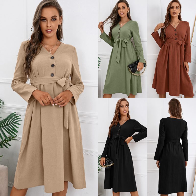 Spring Autumn Bow Waist Slim V-Neck Long Sleeve Dress - Image 4