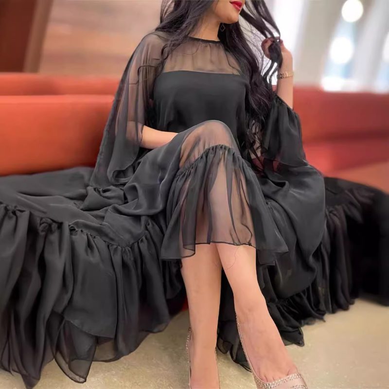 Elegant Mesh Cloak Swing Prom Evening Dress - Image 2