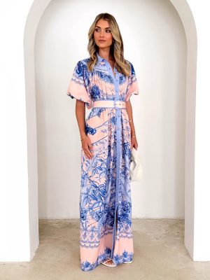 Women’s Stand Collar Ruffle High Waist Dress