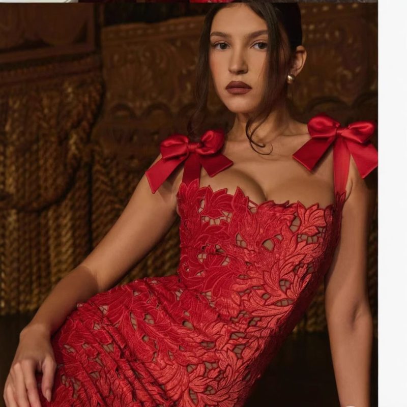 Embroidered Cutout Sheath Dress with Bow Detail - Image 2