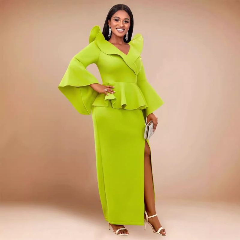 Trendy Bell Sleeve Ruffled Cocktail Party Evening Dress - Image 3