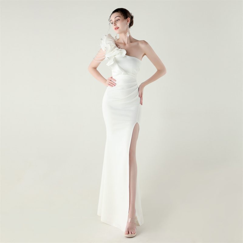 Women’s One Shoulder Beaded Satin High Slit Dress - Image 3